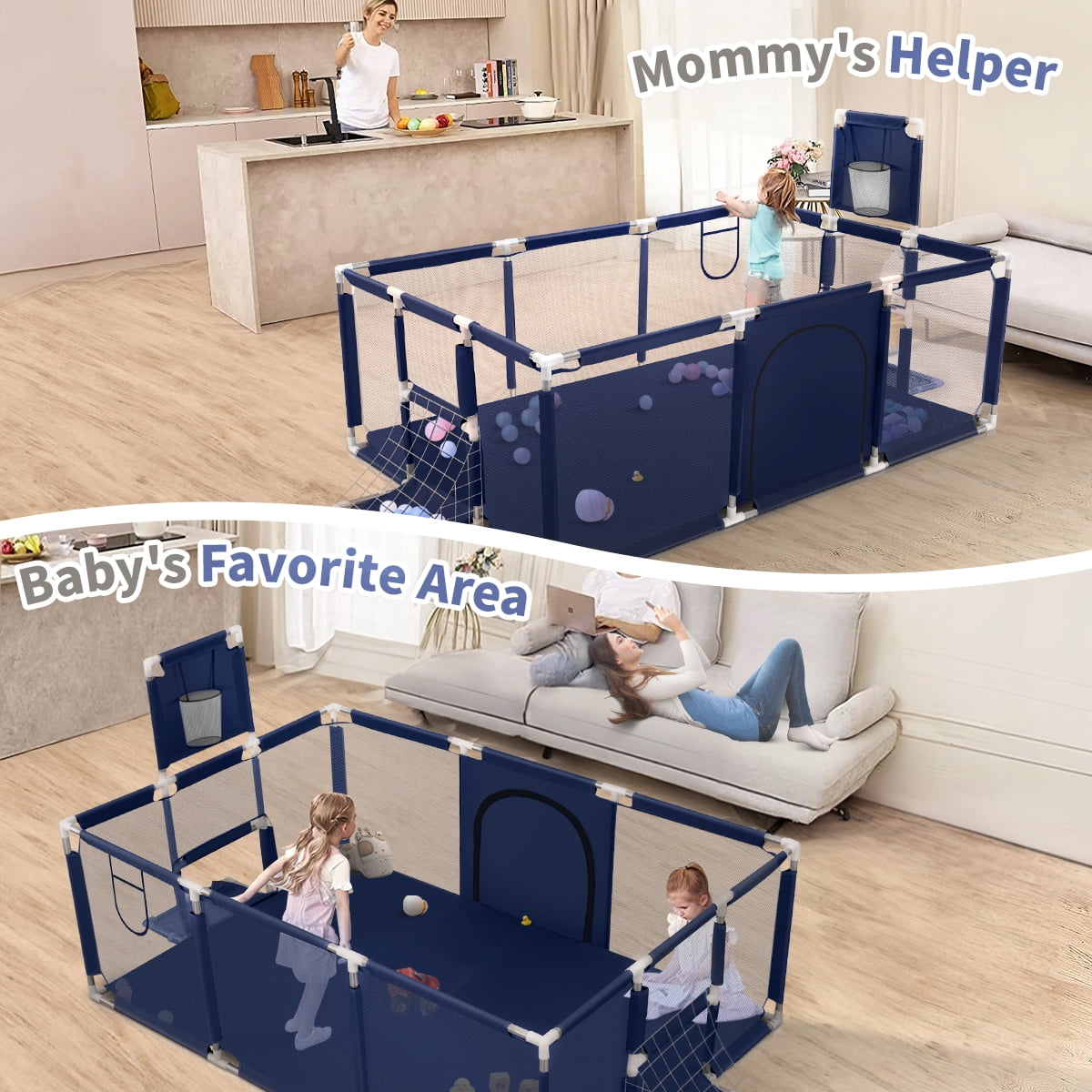 Baby Playpen, HDJ 71 inch Extra Large Baby Playard with Basketball Hoop and Breathable Mesh, Play Fence for Indoors Outdoors,Blue
