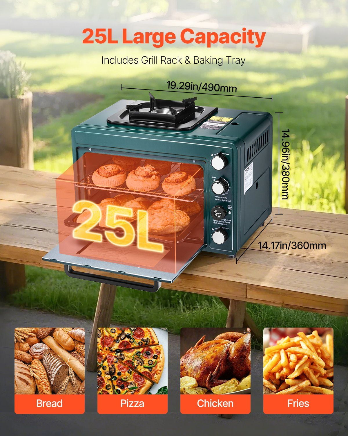 2 in 1 Portable Outdoor Gas Camping Stove Oven Combo Adjustable Fire Windproof 60 Minute Timer with Grill Shelf Roasting Tray for Backyard Picnic Camping Gear