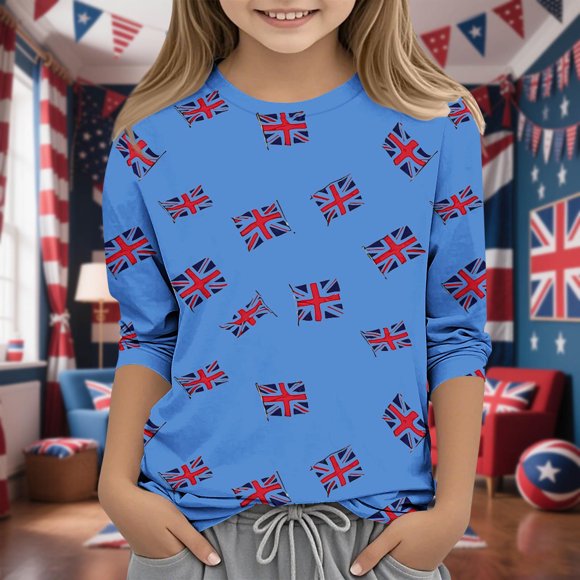 MKOSPLRT Boys Girls British Flag Shirts 3/4 Sleeve Lounge Tshirts Crew Neck Summer Tops Funny Holiday Graphic Tees 3-12 Years