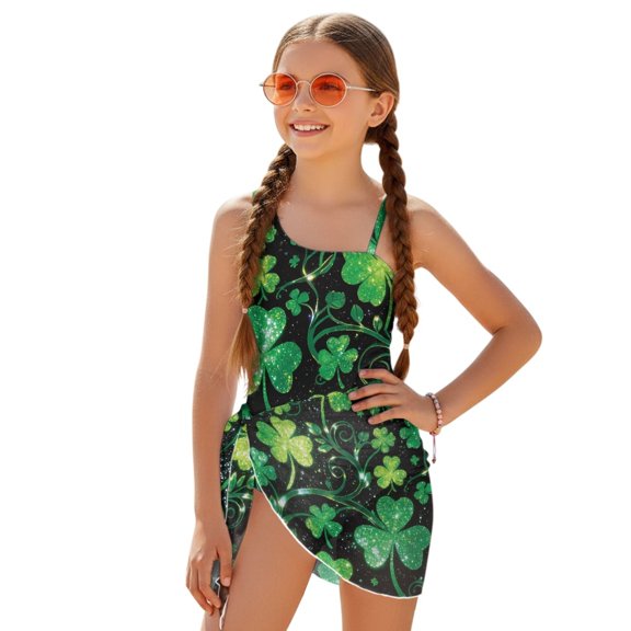 Whosucclay Green Clover Girls' One Piece Swimsuit with Cover Up, Athletic Quick Dry Girls One Piece Swimsuits for Beach, 11-12 Years Old