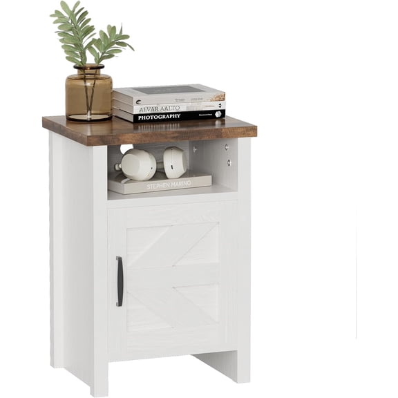 Farmhouse Modern Nightstand with Shelf and Barn Door, Set of 1 for Bedroom, White