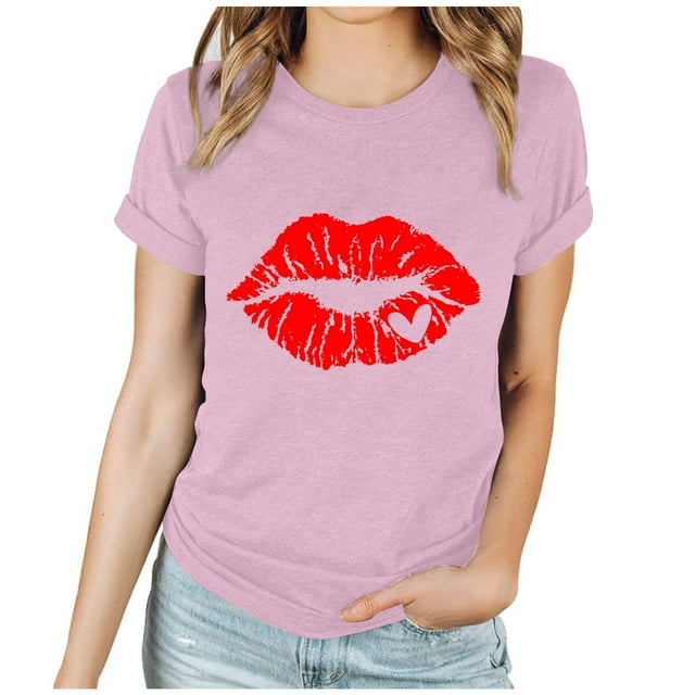 RKSTN Hauts pour Femmes 2024 Printemps Été Imprimé Graphique Col Rond Manches Courtes Hauts Saint-Valentin Couleur Unie Blouse Ample Décontractée