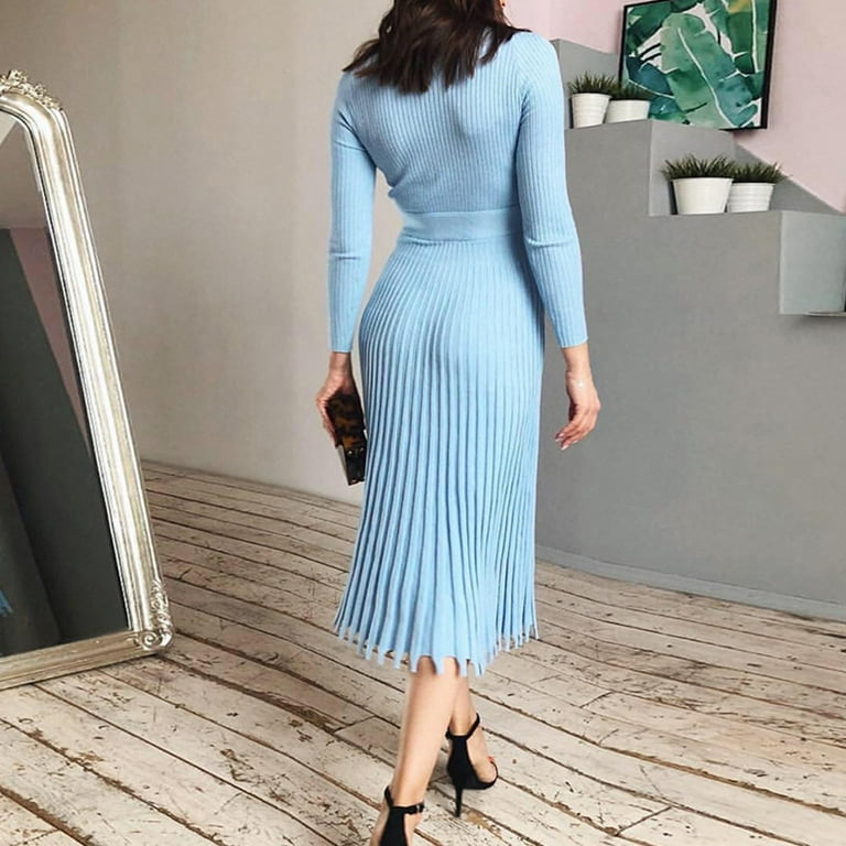 GENEMA Women Long Sleeve Mock Neck Slim Fit Pleated Ribbed Knit Midi Long Sweater  Dress - Walmart.com