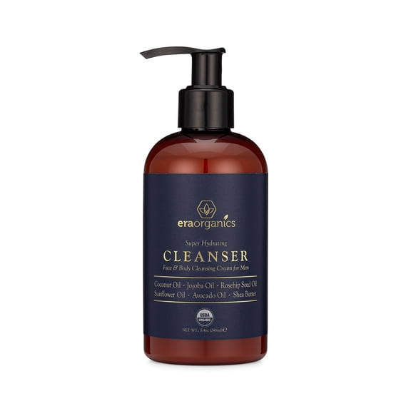 Era Organics Men’s Face & Body Wash – USDA Organic Moisturizing Cleanser For Dry Sensitive Skin, Cleansing Cream With Jojoba, Avocado, Rosehip & More For Blemishes, Wrinkles & Premature Aging 8oz