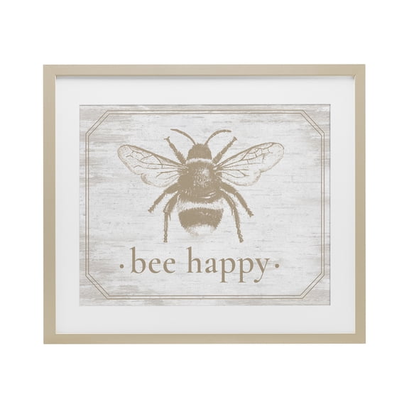 Bee Happy with Rustic Border Birch Framed Print Under Glass, design by Lettered and Lined