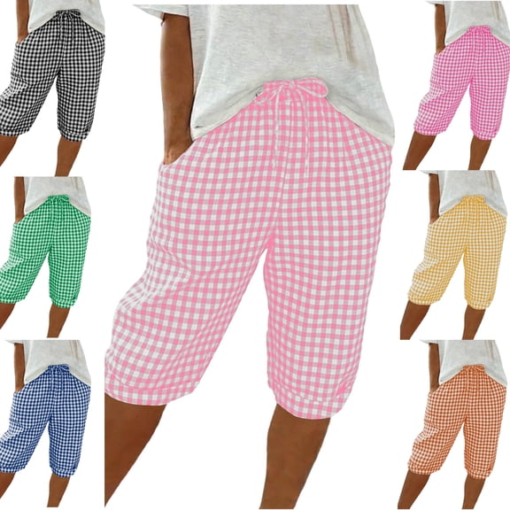 Gamivast Womens Checkered Pants Elastic Waist Dstring Plaid Print Capri Pants Summer Beach Cropped Pants Loose Fit Breathable Soft Daily Lounge