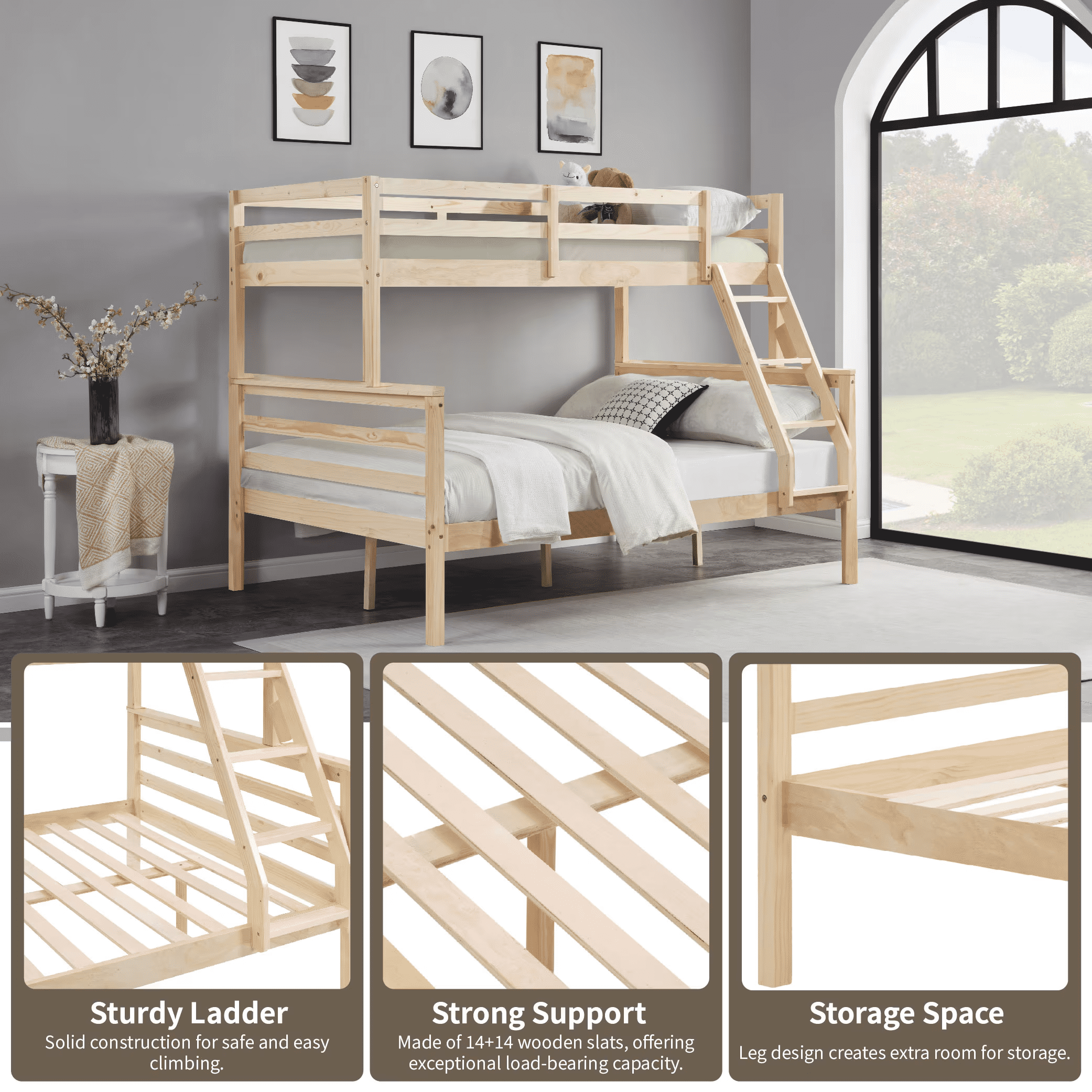 MAYEERTY Twin over Full Bunk Bed with Ladder, Wooden Bed Frame with High Guardrail and Ladder for Kids, No Box Spring Needed, Natural