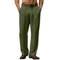 thumbnail image 2 of Men's Linen Blend Dress Pants Pleated High Waist Straight Leg Loose Fit Business Office Casual Trousers Army Green 2XL, 2 of 5