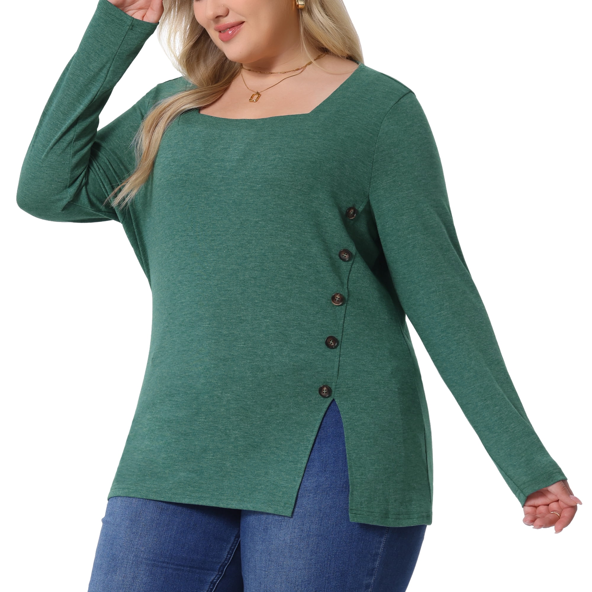 DARING DIVA Women's Plus Size Side Button Square Neck Long Sleeve Blouse 2X Green
