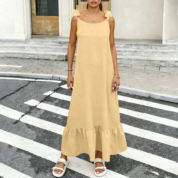 TaTaai Women's Spring Summer Solid Color Round Neck Sleeveless Backless Lace-Up Dress Casual Elegant Long Dress Gift