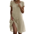 thumbnail image 3 of Linen Dresses for Women Summer Causal Short Sleeve Midi Dress Cre W Neck Solid Color Fashion Beach Vacation Clothes, 3 of 7