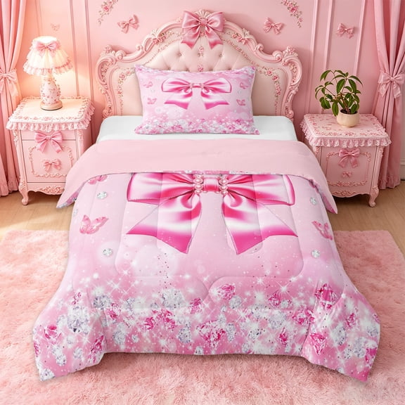 Erosebridal Pink Princess Bowknot Twin Comforter Sets For Girls,3D Glitter Print Diamond Kids Bedding Set,Pink Reversible,2 Pieces