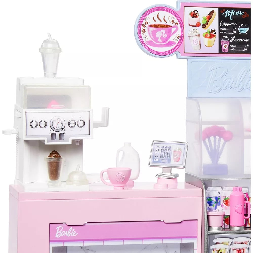 Barbie Coffee Break Set with Barista Blonde Doll and More than 12 Accessories, Including Coffee Machine/Smoothie, Food, Cups and Much More, HXN94