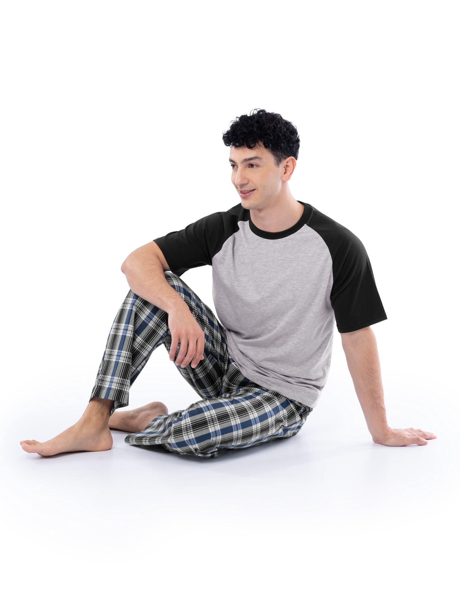 Fruit of the Loom Men's Raglan Short Sleeve T-shirt and Plaid Pajama Sleep Pant Set, Sizes S-2XL