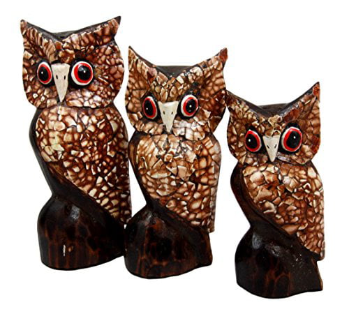 Balinese Wood Handicrafts Two Nocturnal Owl Guardians Desktop Calendar Figurine 