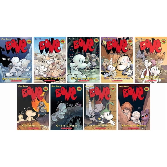 Jeff Smith’s Bone Series 9-Book Graphic Novel Set: Out from Boneville, The Great Cow Race, Eyes of the Storm, Dragonslayer, Rock Jaw: Master of the Eastern Border, Old Man’s Cave, Ghost Circl