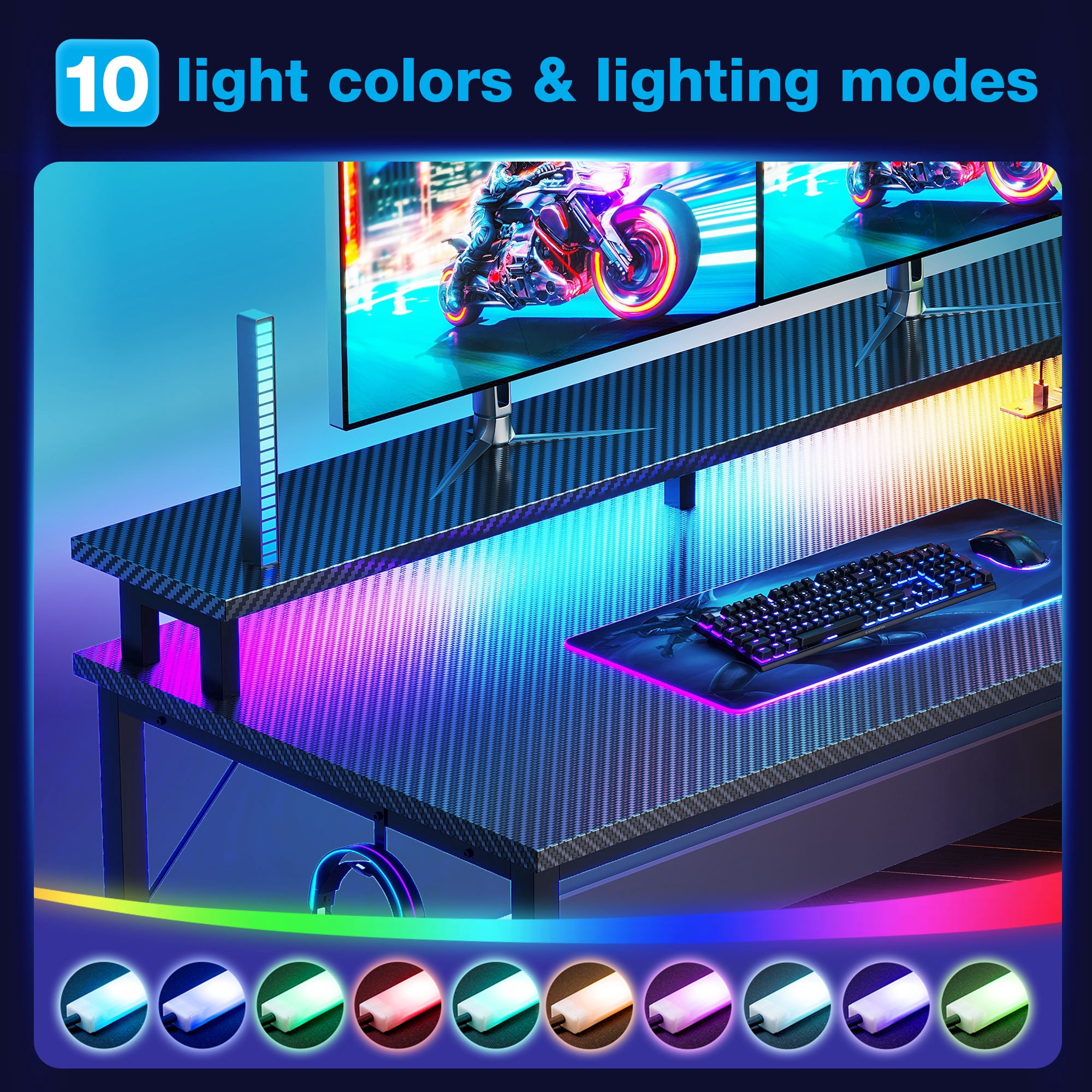 59" Gaming Desk with LED Lights & Reversible Storage Drawer, LED Gamer Desk for Home and Office, Computer Office Desk with with Headphone Hook, Carbon Fiber Black