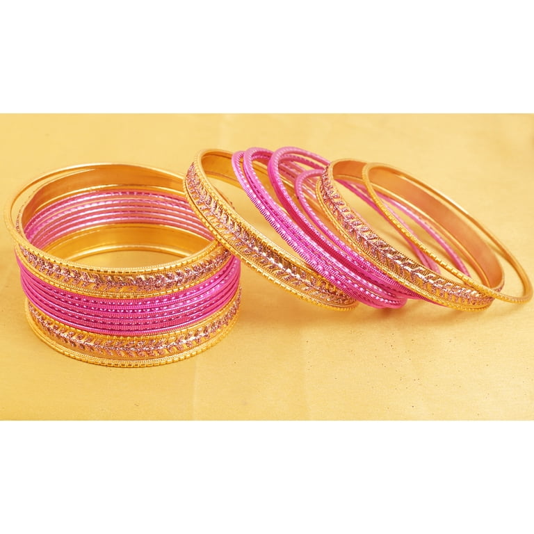 Touchstone NEW Colorful 2 Dozen Bangle Collection Indian Bollywood Alloy Metal Textured Hot Pink Color Designer Jewelry Bangle Bracelets Set Of 24 In Antique Gold Tone For Women