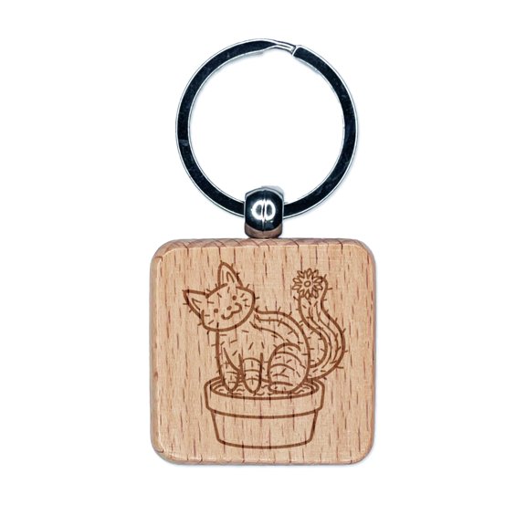 Catcus Cactus Cat Pun Square Keychain Charm Tag - Engraved Wood