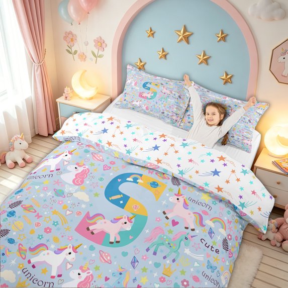meiyoeat Cute Unicorn S Initial Twin Duvet Cover for Kids, Cartoon Monogram Twin Bedding, Blue Multicolor, Colorful Star Reversible, 2-Piece, 1 Duvet Cover and 1 Pillowcase