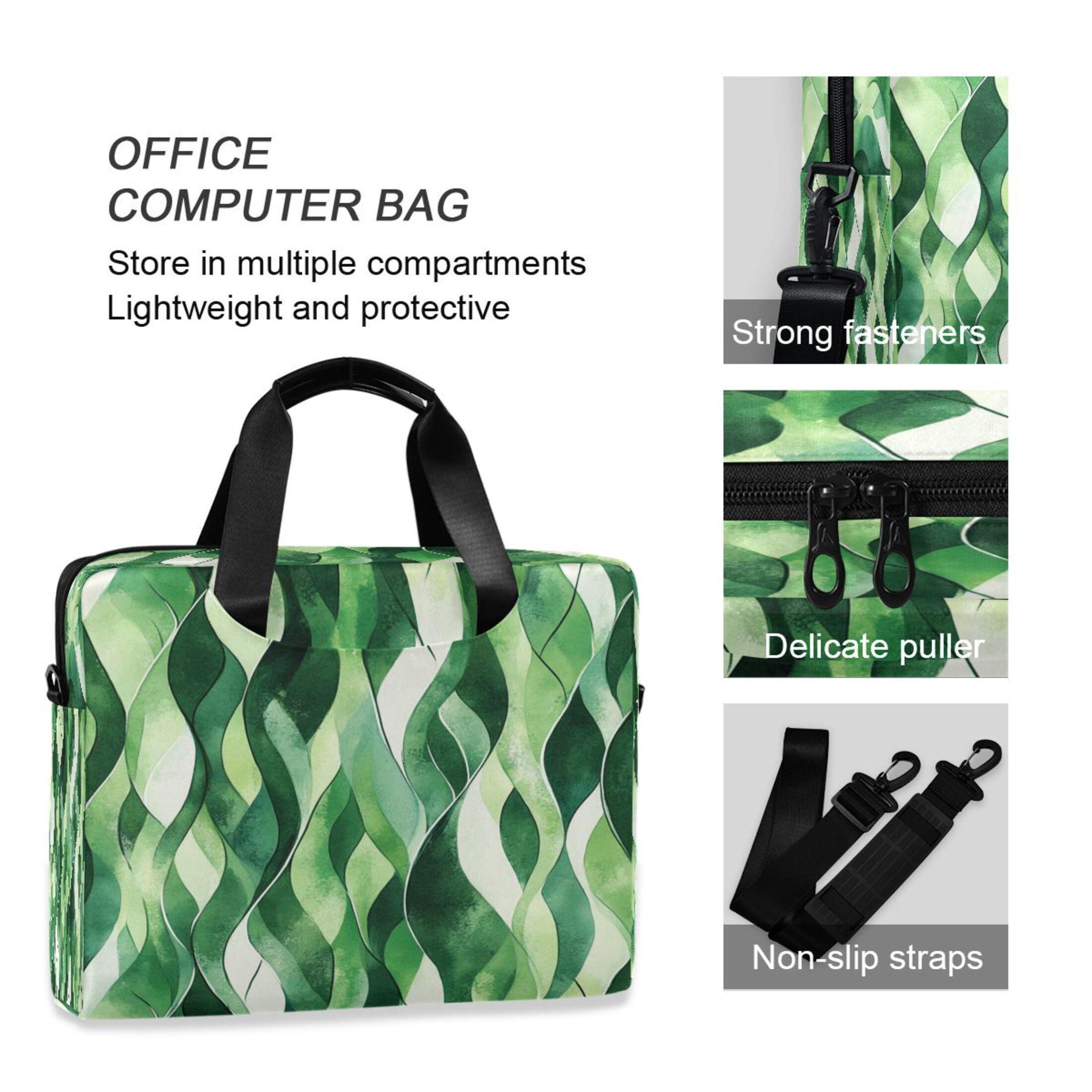 16" Laptop Tote Bag Laptop Sleeve Case Computer Briefcase for Work & Travel Watercolor Green Wavy Lines