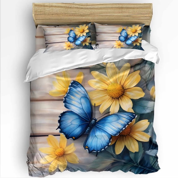 Spring Idyllic Wood Grain Full Size Comforter Set, Yellow Flower Blue Butterfly Soft Bedding for All Seasons, 4 Pcs Bed Set with 1Comforter (86"x86") ,1 Sheet(80"x116"), 2 Pillowcases (19"x29")
