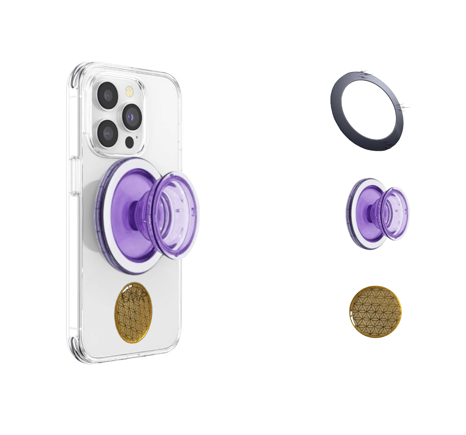 AKAM Agarre para celular compatible con MagSafe + Anillo adaptador magnético + Sticker bloqueador EMF, para Android y iPhone con MagSafe