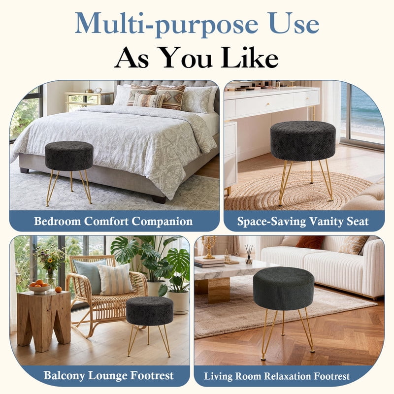 Gianna Round Ottoman, Makeup Cute Soft Small Footstool, Modern Style Faux Fur Seat with 3 Metal Legs for Dressing, Living Room Bedroom Dorm, Black