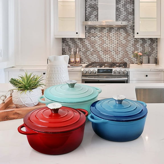 4.5 QT Cast Iron Dutch Oven with Enamel Coating, Blue, Self-Basting Lid for Baking, Braising, Cooking