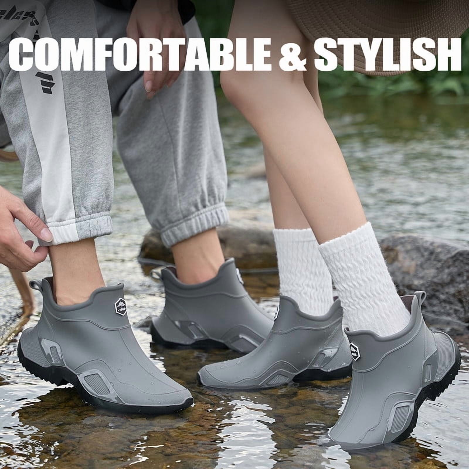 LAoutun Short rain boots men women ankle fishing boots gardening boots Boating Camping boots grey