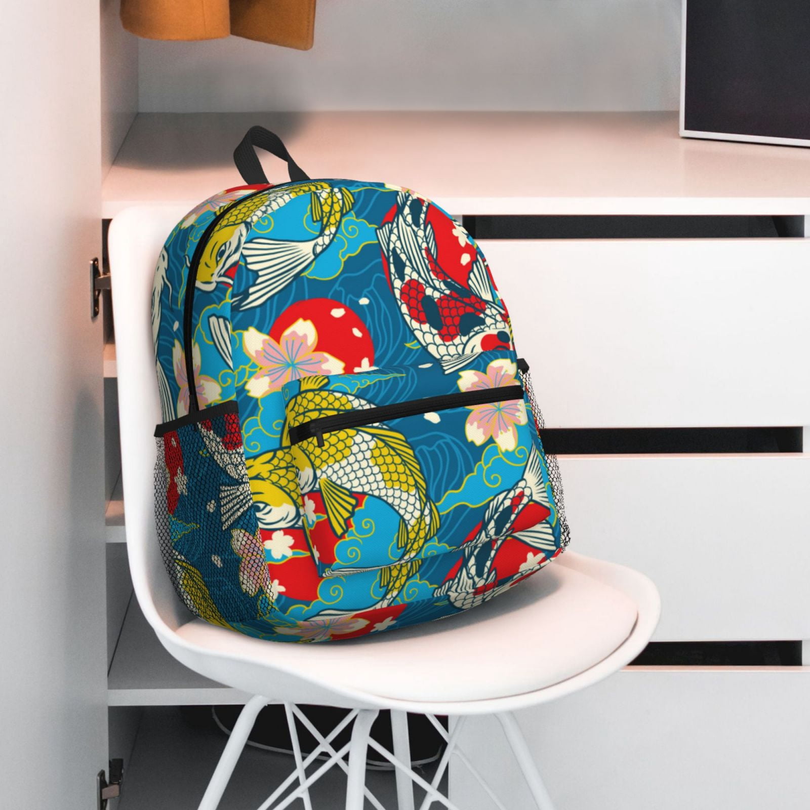 Gukieu Japanese Koi Print Backpack, Waterproof Backpack with Adjustable Shoulder Straps, Suitable for Campus, Business, Travel, Unisex