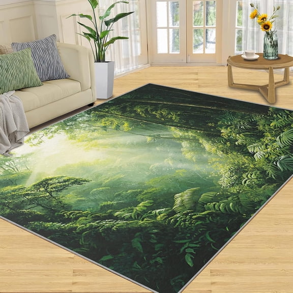 Tropical Forest Area Rug, Green Jungle Woodland Washable Rug, Soft Non Slip Low Pile Carpet for Living Room Bedroom Home Decor 5x7ft