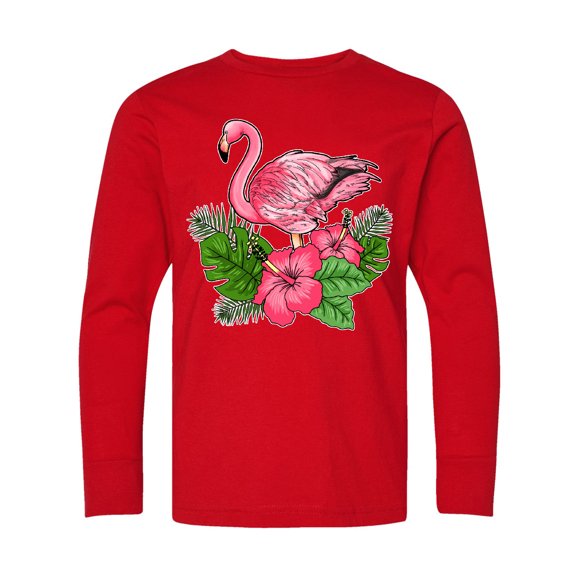 Inktastic Flamingo with Tropical Flowers Long Sleeve Youth T-Shirt