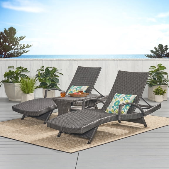 Noble House Salem Outdoor Patio Chaise Lounge Set w/Coffee Table in Gray Wicker