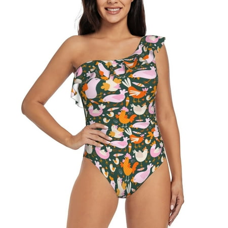 Lukts Roosters and Chicks Women One Piece Swimsuits Tummy Control One Shoulder Bathing Suits Ruffle Swimwear-Medium