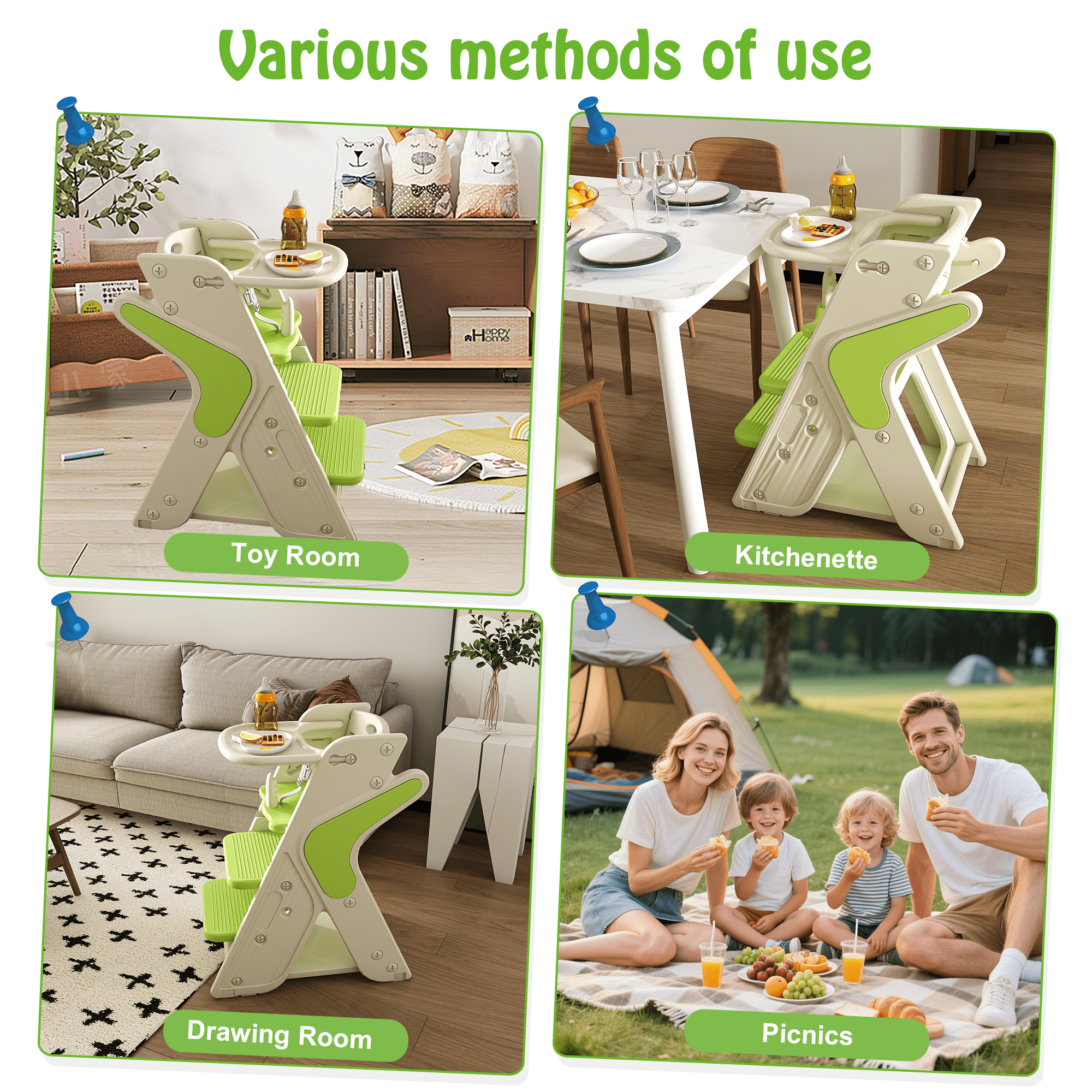Wohh 3 in 1 Multi Functional Growing Up Dining Chair for Eating, Convertible Baby High Chair Toddler Learning Tower & Step Stool, Adjustable Height with 5-Point Harness, Removable Tray(Green)