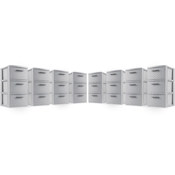 Sterilite 3 Drawer Storage Tower, Plastic Weave Medium Home Organizer, Cement, 8 Pack