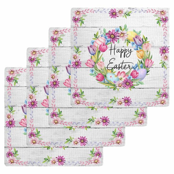 Spring Easter Kitchen Dish Towels for Drying Dishes Set of 4, Watercolor Eggs Tulips Flower Wreath Wood Gray Waffle Weave Microfiber Hand Tea Bathroom Towels Quick Dry & Absorbent Towel 12x12