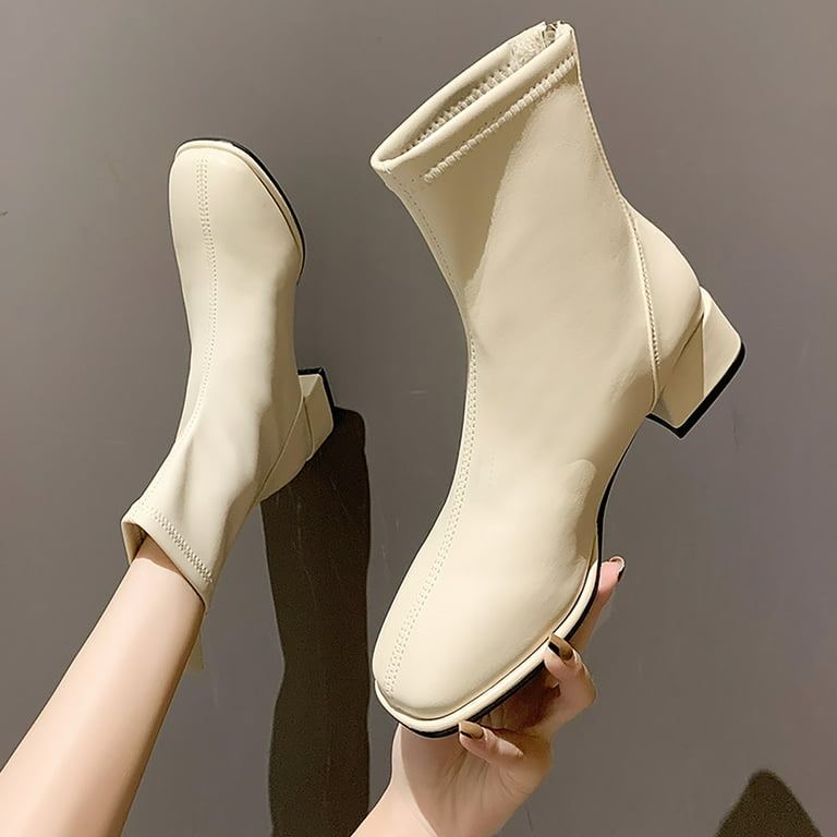 DVKOVI Boots Women Women Ankle Boots Fashion Women Artificial Leather Solid Color Autumn Thick Sole Square Heels Zipper Short Booties Square Toe Shoes