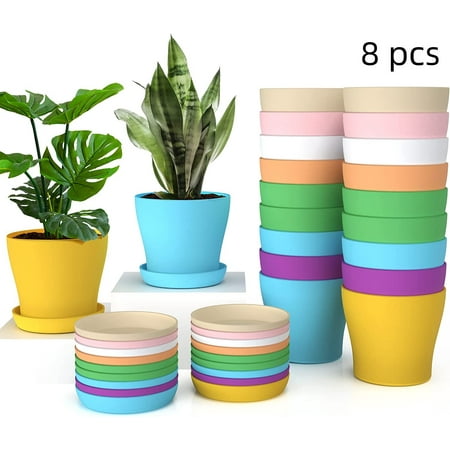 Happon Plant Pots, Set of 8 Plastic Planters with Multiple Drainage Holes and Tray 4.8 inch Indoor Plant Pot for All Home Garden Flowers Succulents (Colorful)