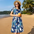 thumbnail image 4 of Fotbe Blue and White Butterflies Vestido Largo de Moda para Mujer, Vestido Tipo Camiseta con Manga Corta y Estilo Casual a Rayas y Bloques de Color, 4 of 6
