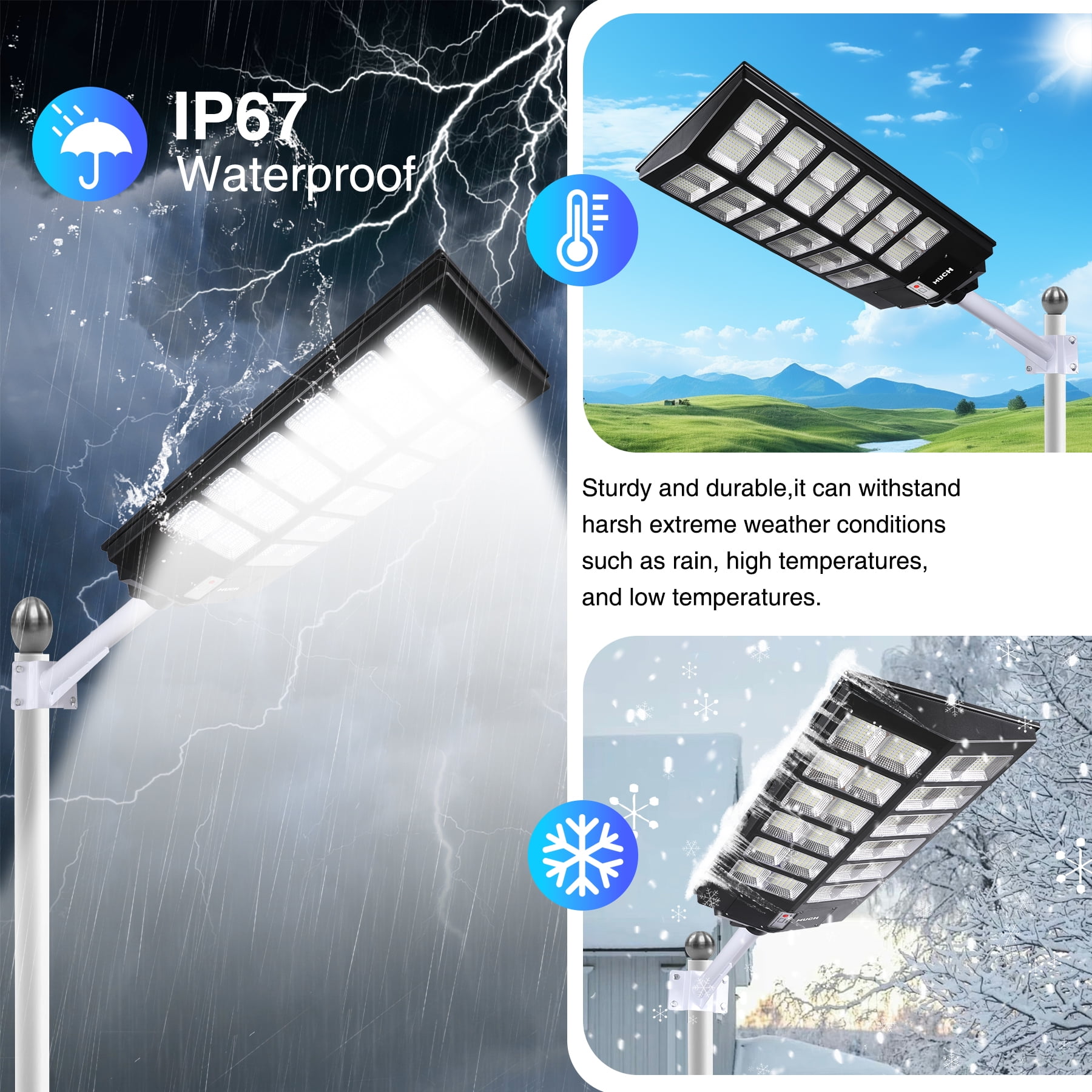 MUCH 10000W Super Bright Solar Street Light with Pole, 960 LED 220° Wide Angel Commercial Parking Lot Lights 35000mAh Outdoor Dusk to Dawn Solar Security Flood Light w/Motion Sensor Remote Control
