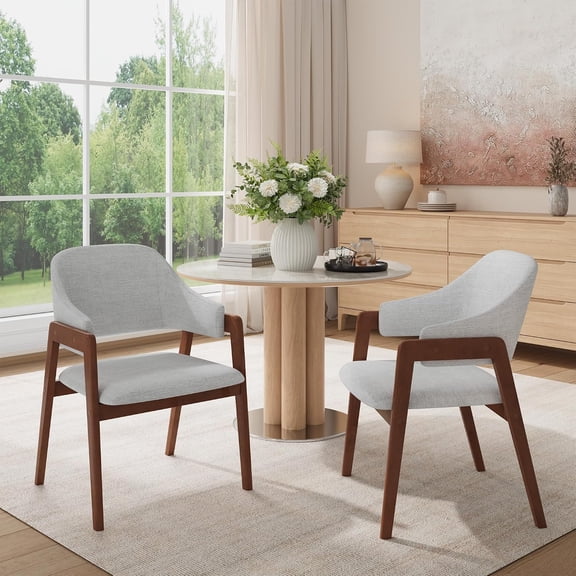 Dining Chairs Set of 2 with Arms, Modern Upholstered Fabric Dining Chair, Sturdy Wood Kitchen Chairs with Ergonomic Curved Backrest for Kitchen/Dining Room/Living Room/Restaurant, Grey