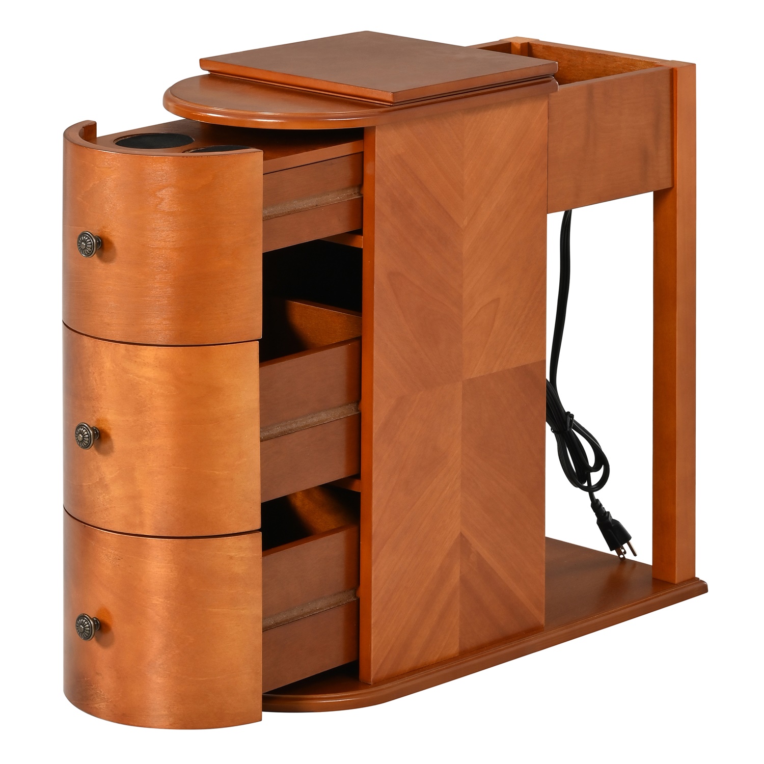 Hommoo Modern End Table with Hidden Dual Cup Holders, Built-in Charging Station, Pull-Out Side Table & 2 Deep Storage Drawers, Space-Saving Bedside Table for Bedroom and Living Room, Walnut