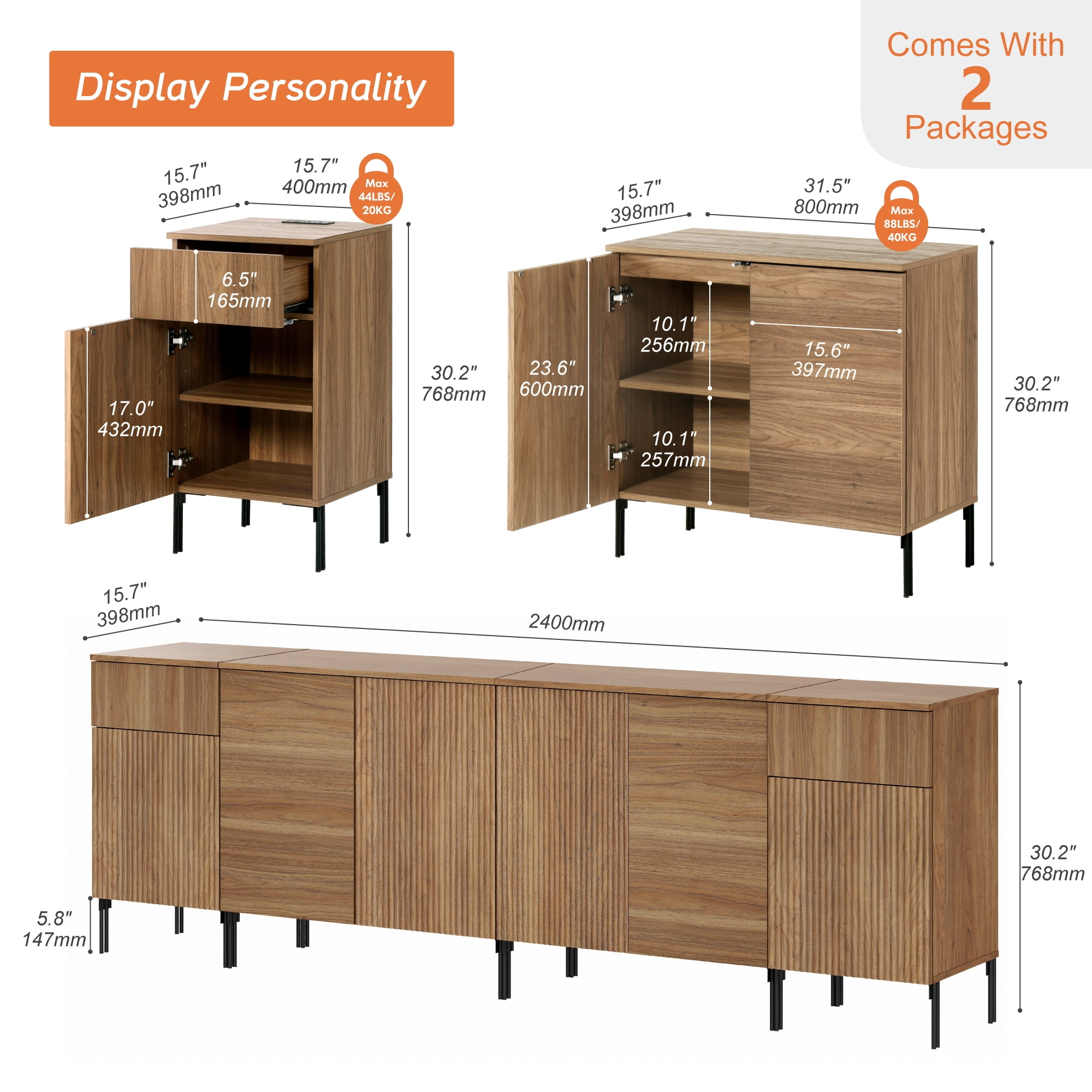 94.5" Modern Wood Reeded Drawer Dresser with Doors, Minimalist Dresser Organizer Storage Cabinet With Charging Station for Bedroom,Living room, Entryway
