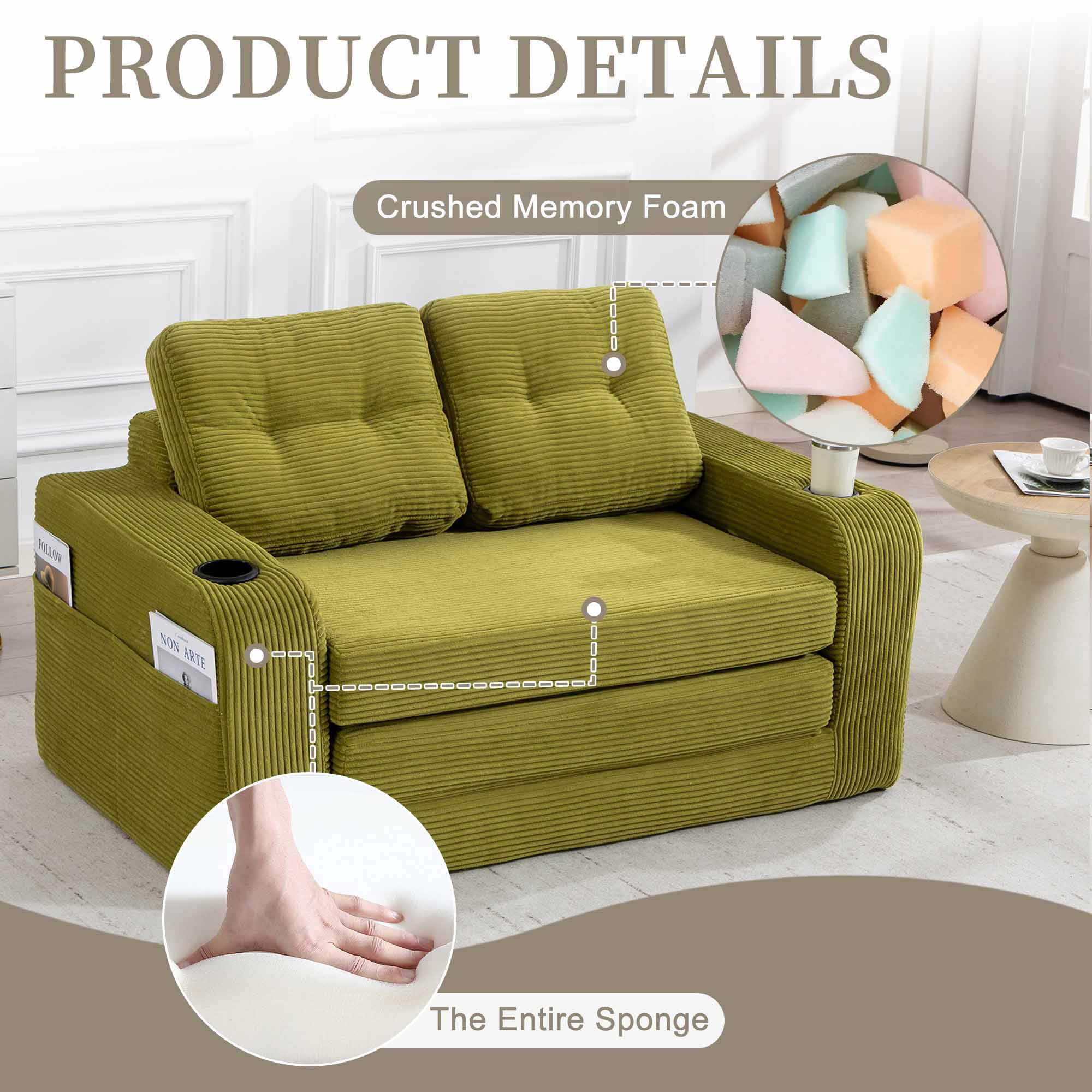 Lunale 54" Convertible Sofa Bed, Small Boneless Cloud Couch with Cup Holders, No Assembly Required, Corduroy Floor Sleeper Sofa, Green
