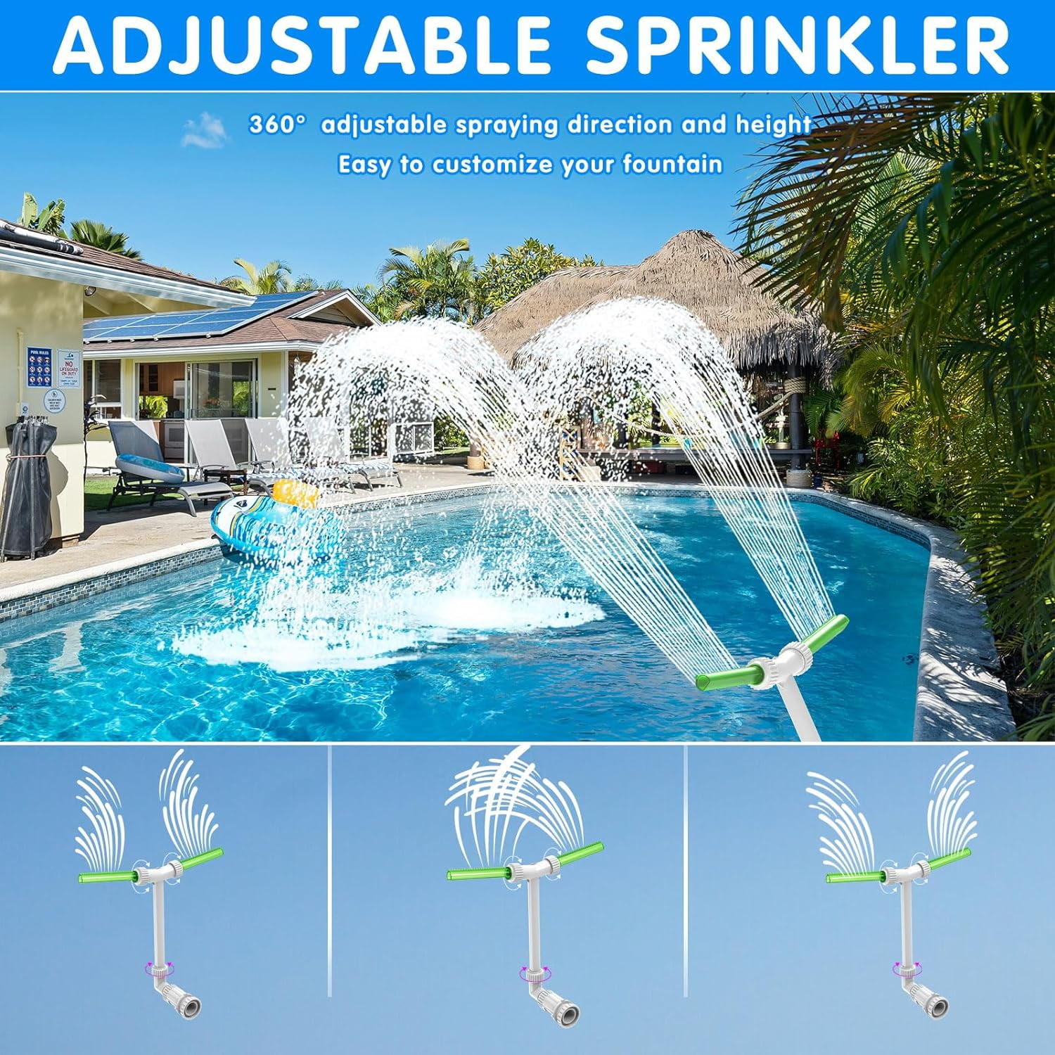 Pool Fountain, Luminous Double Spray Spa and Swimming Pool Waterfall Fountain for Above Ground/Inground Pools, Adjustable Nozzle Outdoor Garden Sprinkler Fountain Cooler
