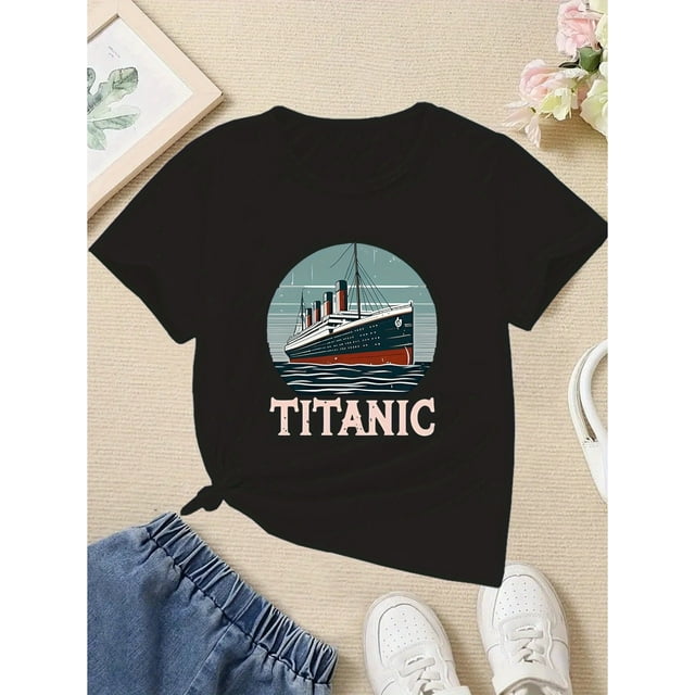 1pc Unisex Kids Casual Fashion T-Shirt with "Titanic" Print, Crew Neck, Knit Cotton Fabric with Slight Stretch, Breathable Comfort Fit, Short Sleeve Top for Daily Wear and Outdoor Activities, Ideal G