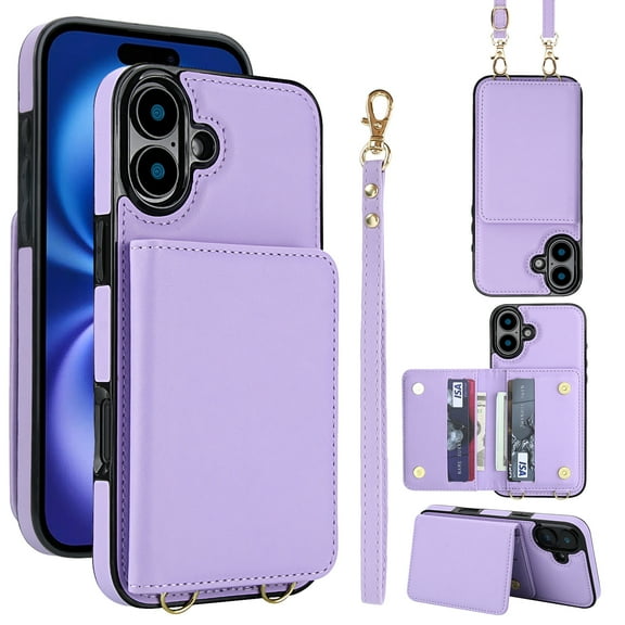 Crossbody Strap Wallet Case for iPhone 16 with Card Holder, Luxury PU Leather RFID Blocking Protective Case with Magnetic Back Flip Kickstand Detachable Wrist Lanyard,Violet