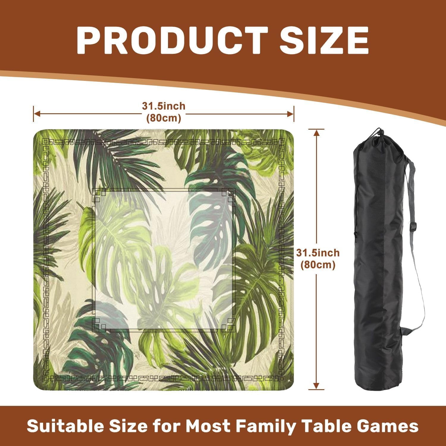 Mahjong Mat 31.5" x 31.5" Tropical Palm Leaves Jungle Leaf Seamless Floral Non-Slip Noise Reduction Mahjong Tiles Table Cover for Dominoes Poker Card Board and Tile Games